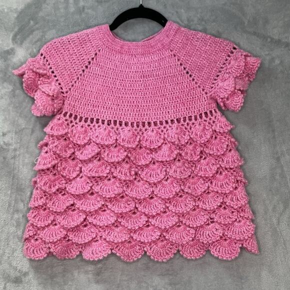 Handmade Knitted Crotchet Baby Top Scalloped Pink Acrylic Super Soft Yarn 18mo? - Picture 1 of 9